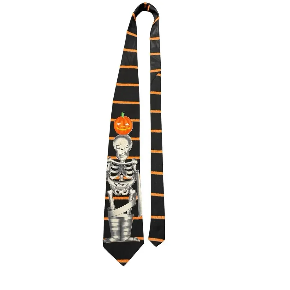 Hallmark Novel Ties Halloween Skeleton Pumpkin Jack O Lantern Vintage Necktie